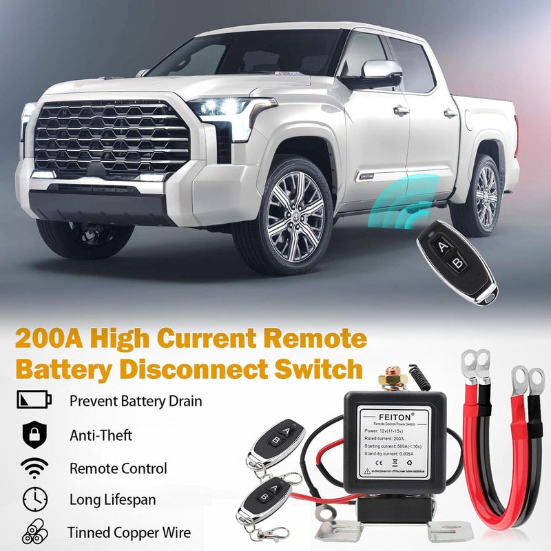FEITON 500A Starting 200A Rated Wireless Battery Disconnect Switch & 4 AWG 1FT Battery Cables Set, Remote Kill Switch for Car Truck DC12V Anti-Theft Prevent Battery Drain Battery Switch Isolator On Off - Image 3